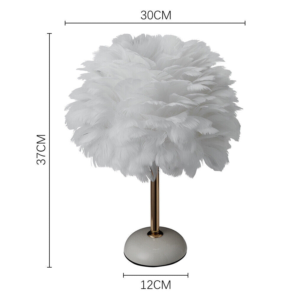 Fluffy Feather Shade Table Lamp White Lampshade Bedside Night Light Room Decor