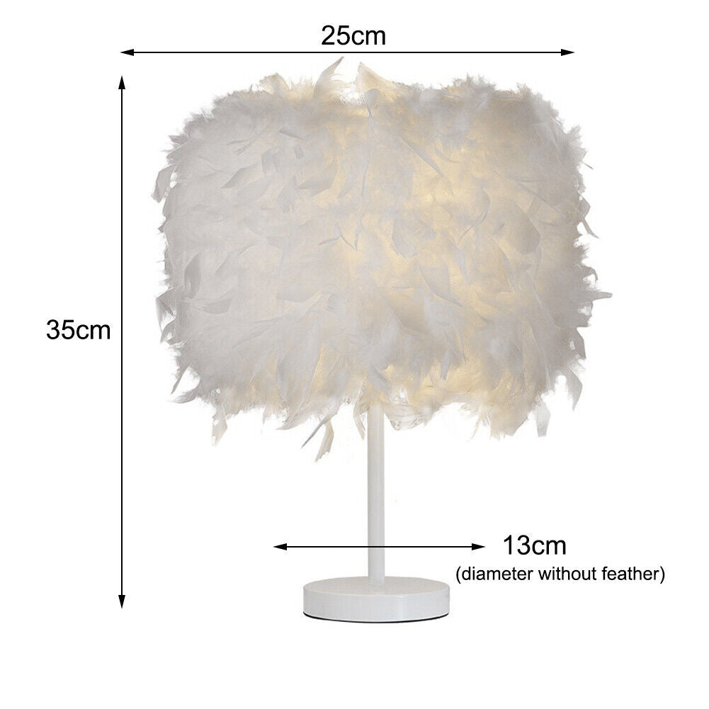 Fluffy Feather Shade Table Lamp White Lampshade Bedside Night Light Room Decor