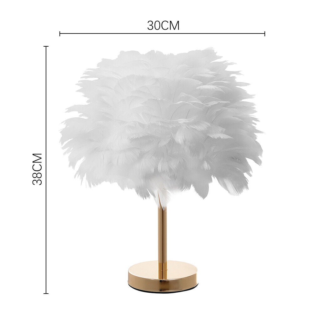 Fluffy Feather Shade Table Lamp White Lampshade Bedside Night Light Room Decor
