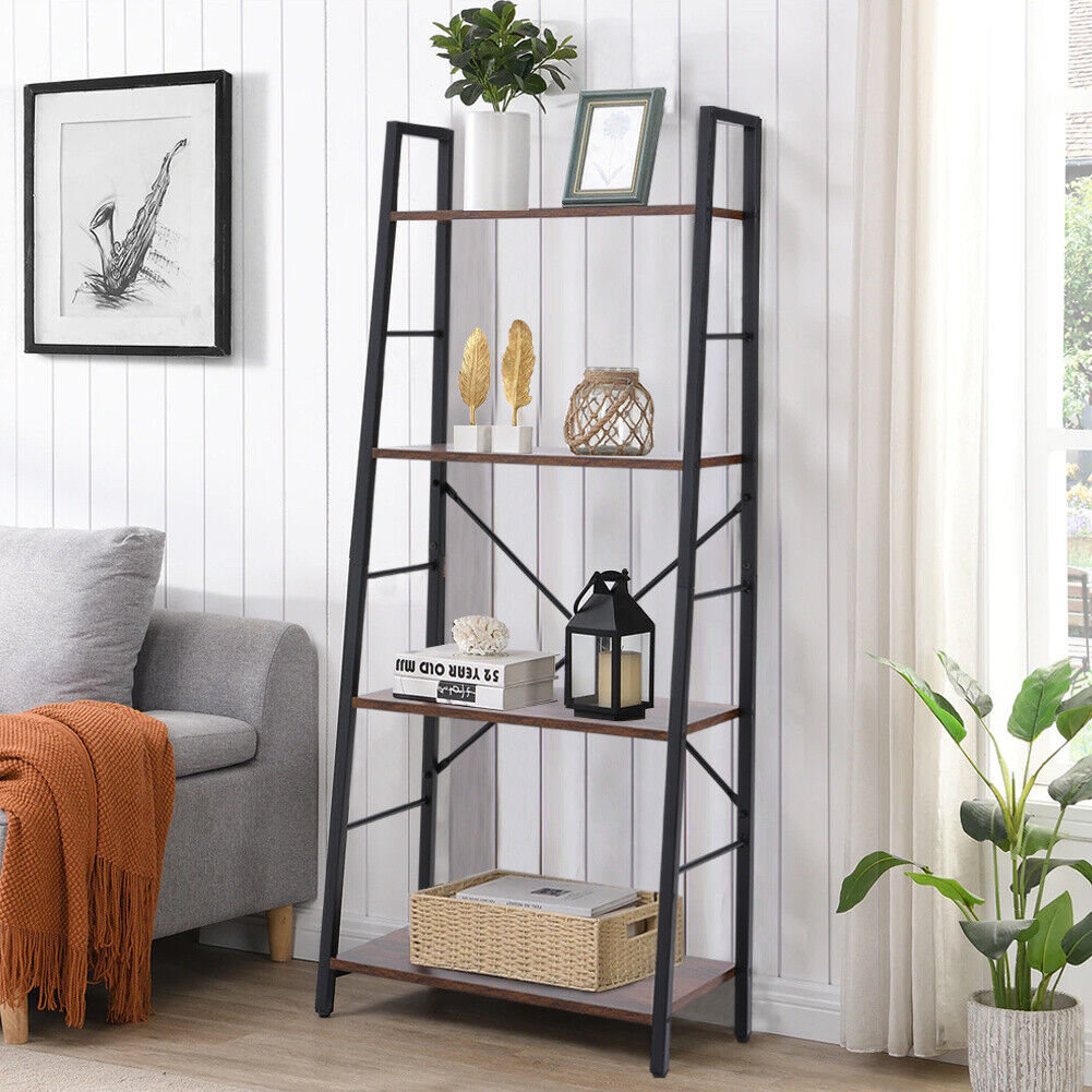 Steel Ladder Shelf 4/5 Tier Storage Rack Bookshelf Shelving Stand Wooden Shelves