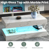 High Gloss LED Coffee Table Modern White Marble 2 Tiers Rectangle Tea Table