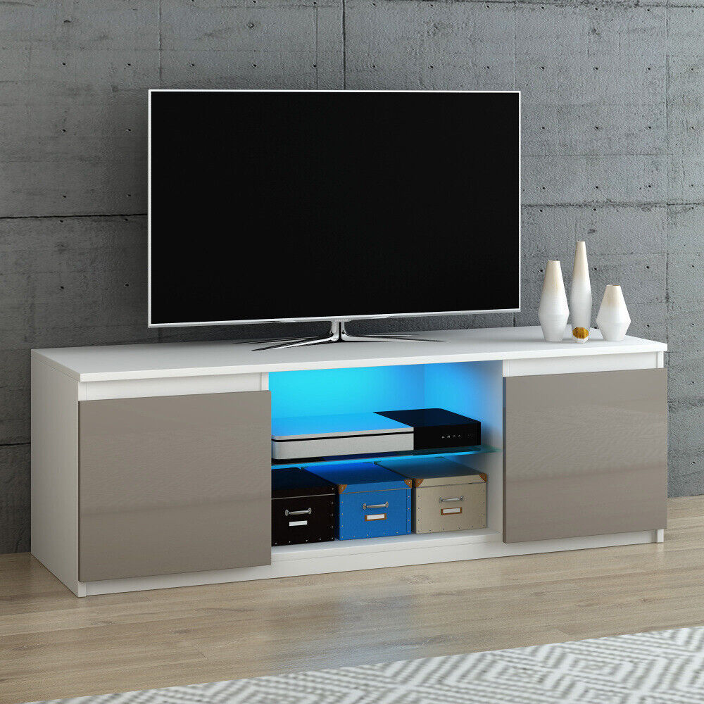 Modern TV Unit Cabinet TV Stand - Matt Body & High Gloss Doors LED Light Option