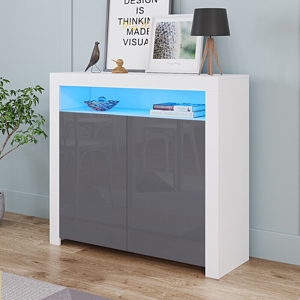 High Gloss 2 Doors Matt Body Sideboard Cupboard Kitchen Buffet Cabinet with LED