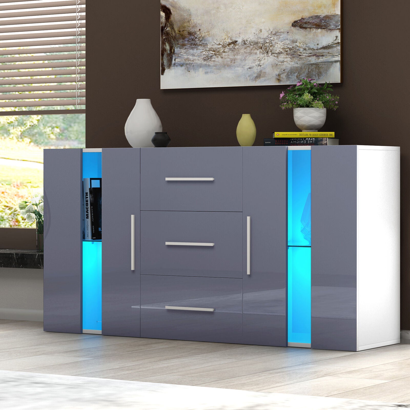 Modern Cabinet Sideboard Buffet Cupboards 3 Drawers 2 Doors with RGB LED Lights