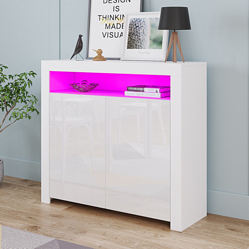 High Gloss 2 Doors Matt Body Sideboard Cupboard Kitchen Buffet Cabinet with LED