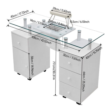 Manicure Nail Table with Glass Top Salon Beauty Station Technician Storage Desk