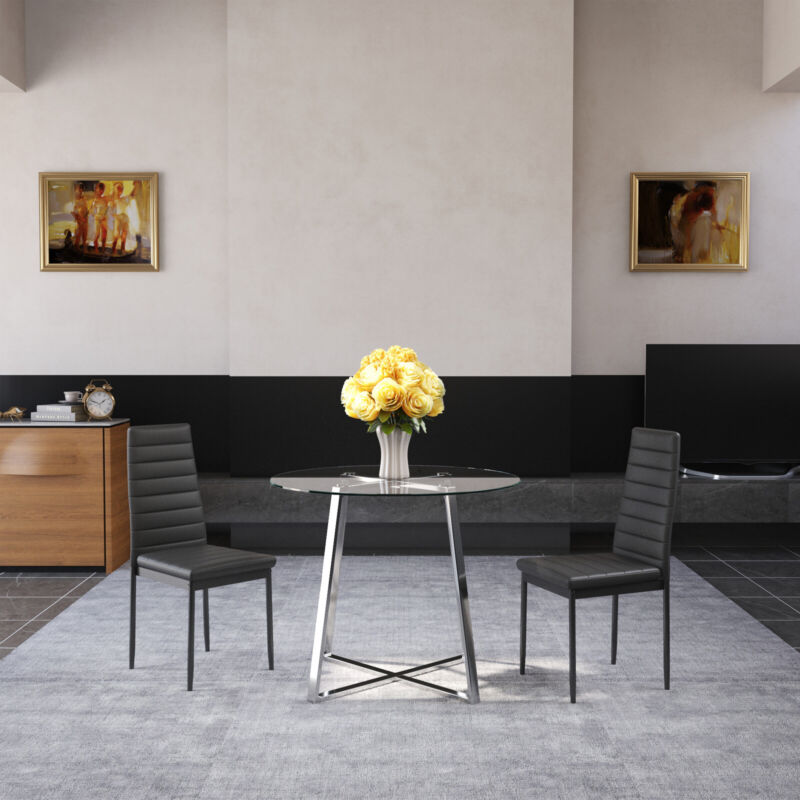 Tempered Glass Round Table 2/4x Kitchen PU Chairs High Back Metal Frame Dining