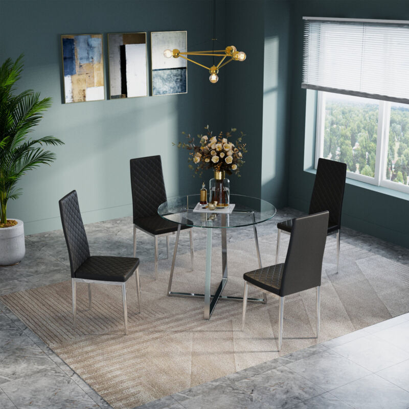 Tempered Glass Round Table 2/4x Kitchen PU Chairs High Back Metal Frame Dining