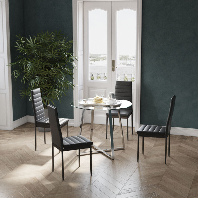 Tempered Glass Round Table 2/4x Kitchen PU Chairs High Back Metal Frame Dining