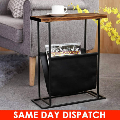 Industrial Side End Coffee Table Wood Metal Storage Basket Table Slim Furniture
