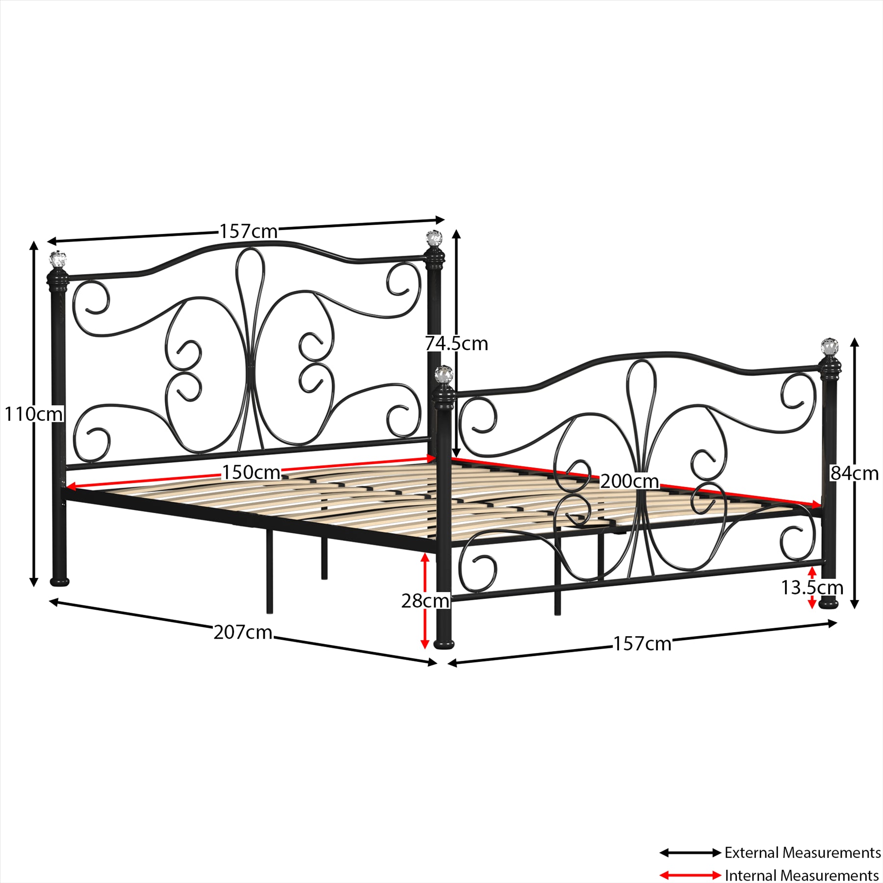 Metal Bed Frame Steel Double King Size Steel Bed Crystal Finial With M ...