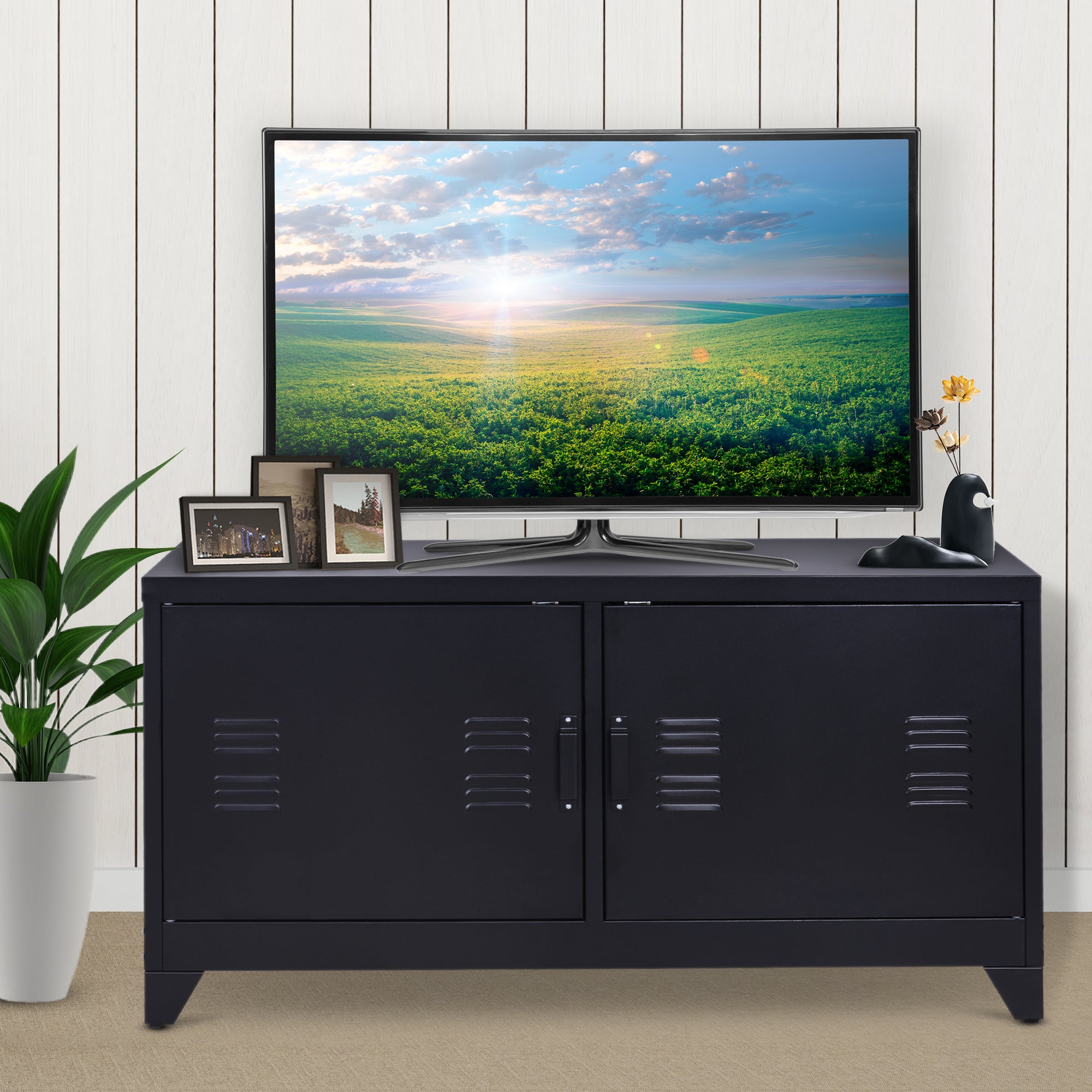 Industrial TV Cabinet Stand Media Center Steel Shelf Doors Storage System