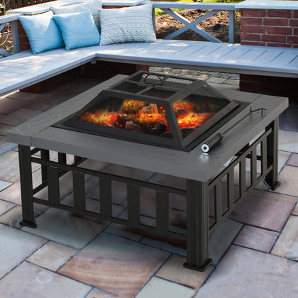 Outsunny Fire Pit Heater Square Table Patio Backyard Metal Black φ81cm Outdoor