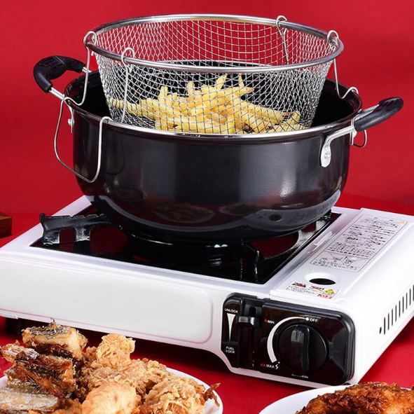 Large Black Non Stick Chip Pan Set Fryer Deep Fat Folding Frying Wire Basket Pot