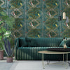 HOLDEN CONGO GEOMETRIC METALLIC WALLPAPER ART DECO TROPICAL ANIMALS PALM LEAVES