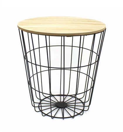 Round Wooden Top Black Wire Occasional Side Table ~ Modern Storage With Lid