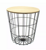 Round Wooden Top Black Wire Occasional Side Table ~ Modern Storage With Lid
