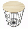 Round Wooden Top Black Wire Occasional Side Table ~ Modern Storage With Lid