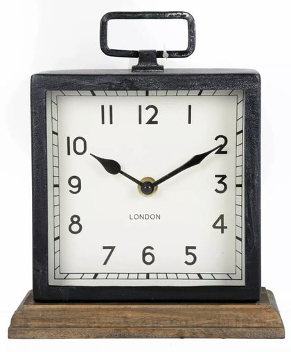 Distressed Square Black Metal Mantel Clock On Wood Base