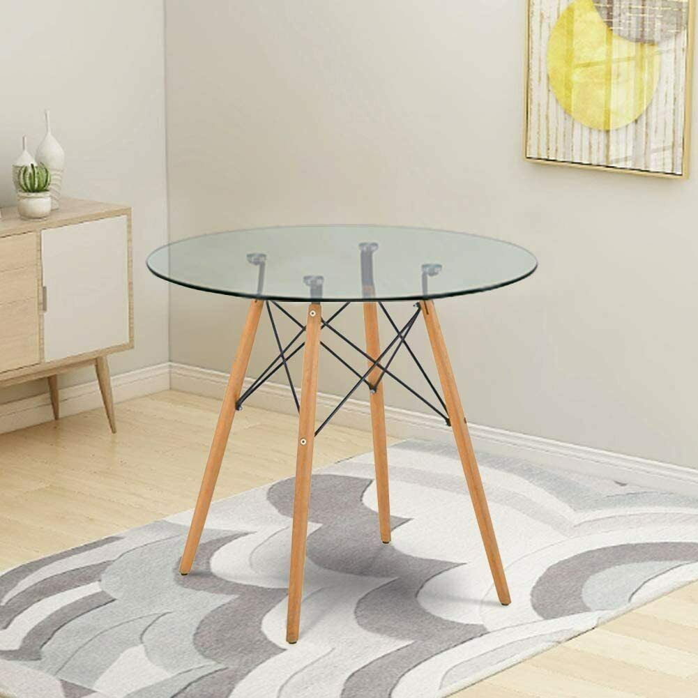 Round Dining Table, Scandinavian Glass Top Kitchen Table with Solid Beech Legs