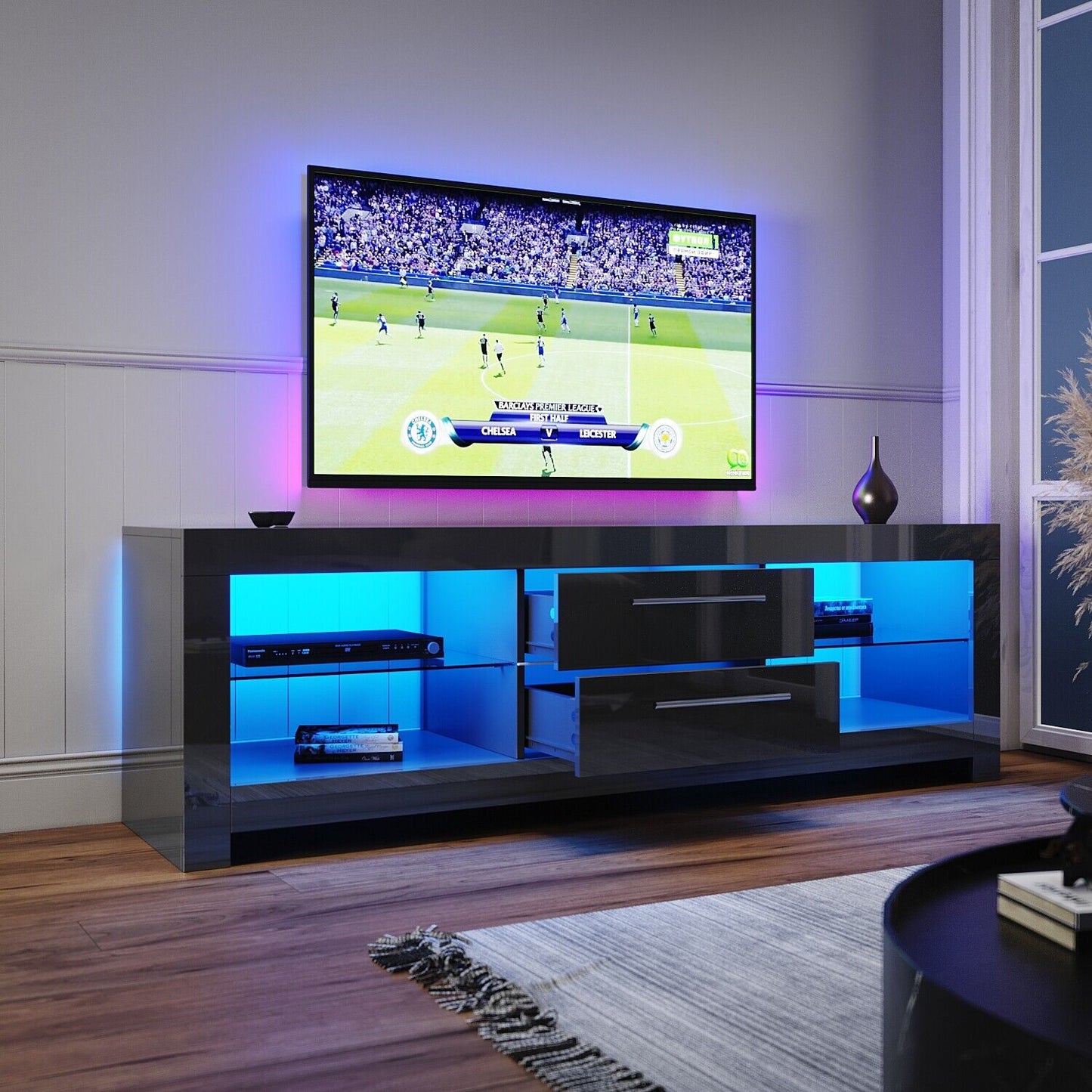 Black TV Stand Unit Cabinet Modern High Gloss Drawers 160cm with RGB LED Light