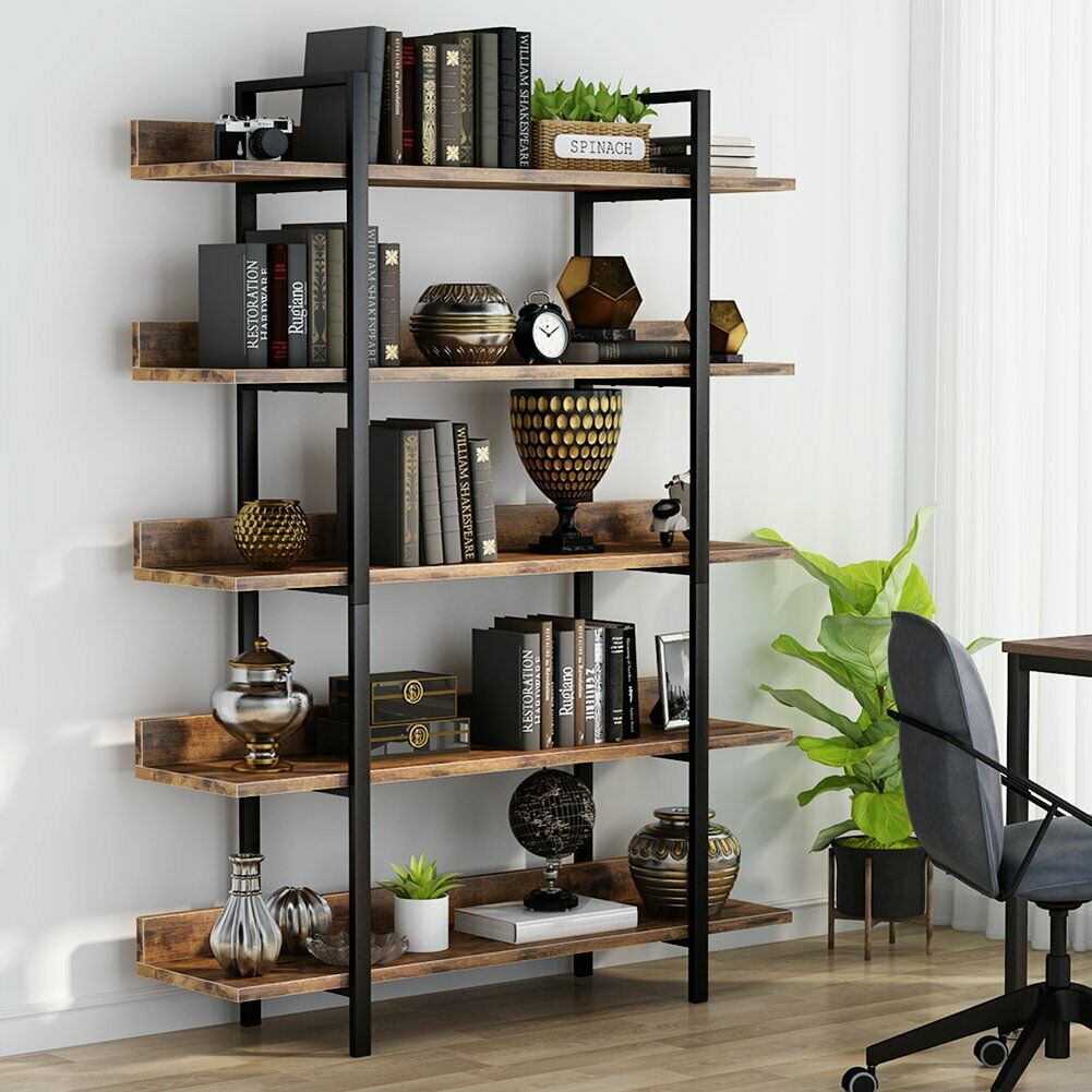 Living Room Industrial 5 Tier Bookshelf Office Etagere Bookcase with Back Fence