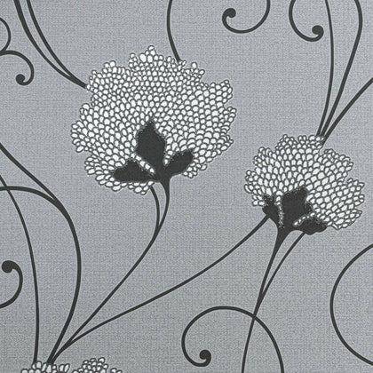 Grey Charcoal Silver Floral Glitter Flower Trail Thick Textured Vinyl Wallpaper