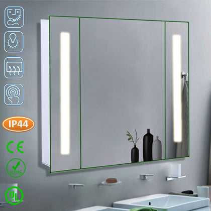 Bathroom Mirror Cabinet 2 LED Strip Illuminated Cupboard Sensor Demister Shaver