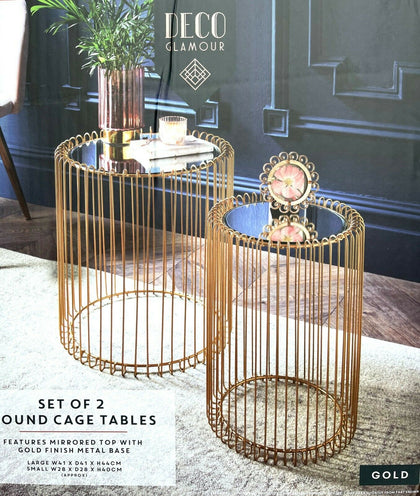 Set Of 2 Round Cage Table Mirror Top Coffee Table Side Table Living Room Gold