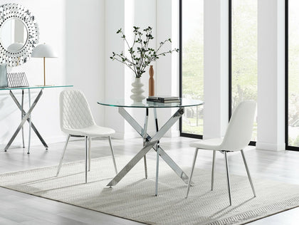 NOVARA 100cm Round Chrome Dining Table & 2 Faux Leather Corona Chrome Chairs
