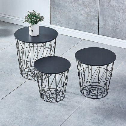 Set of 3 Storage Basket Nested Tables Side Table Metal Wire Black Tabletop Home