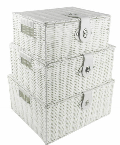 SET OF 3 Storage Baskets Resin Wicker Woven Hamper Box Lid& Lock Stackable White