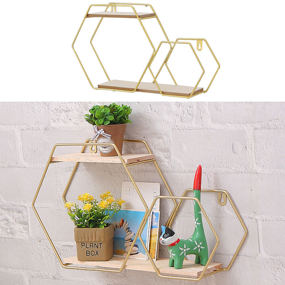 Hexagon Wall Mounted Shelf Display Rack Gold Metal Storage Shelving Home Decor