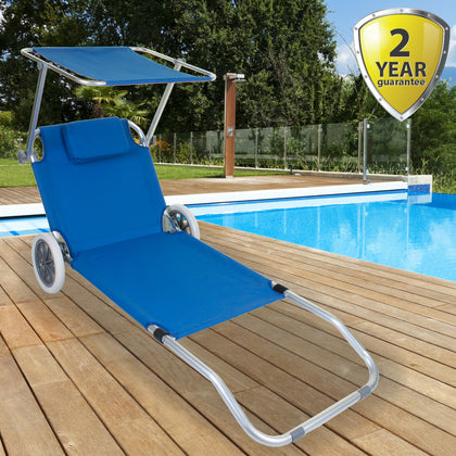 Sun Lounger Wheeled Portable Outdoor Garden Patio Beach Day Bed Deck Chair Shade