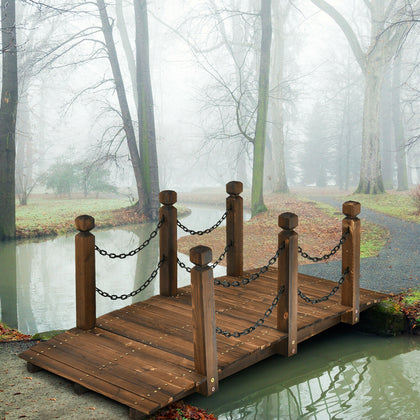 Wooden Garden Bridge Metal Chain Arc Footbridge Outdoor Pond Walkway Lawn Décor