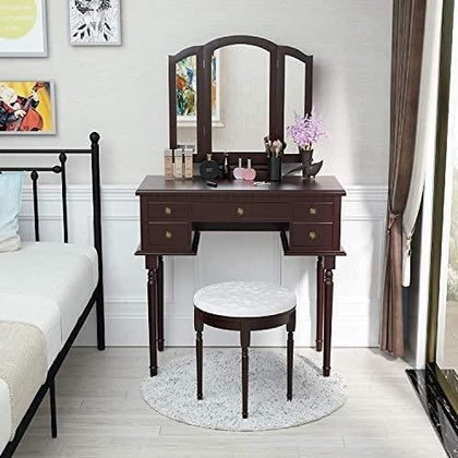 Vanity Dressing Table Set 5 Drawers Wooden Makeup Dresser Table Stool W/ Mirror