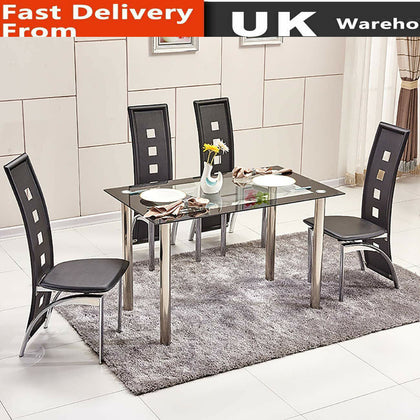 Modern Glass Dining Table + High Back Faux Leather 4 Chairs Sets Black