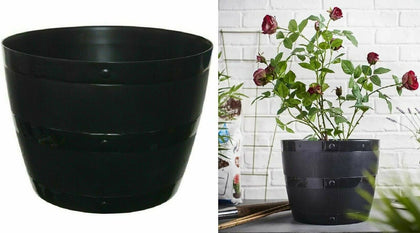 Plastic Plant Barrel Planter Tub Pot Garden Patio Out Indoor Flower Tray Black
