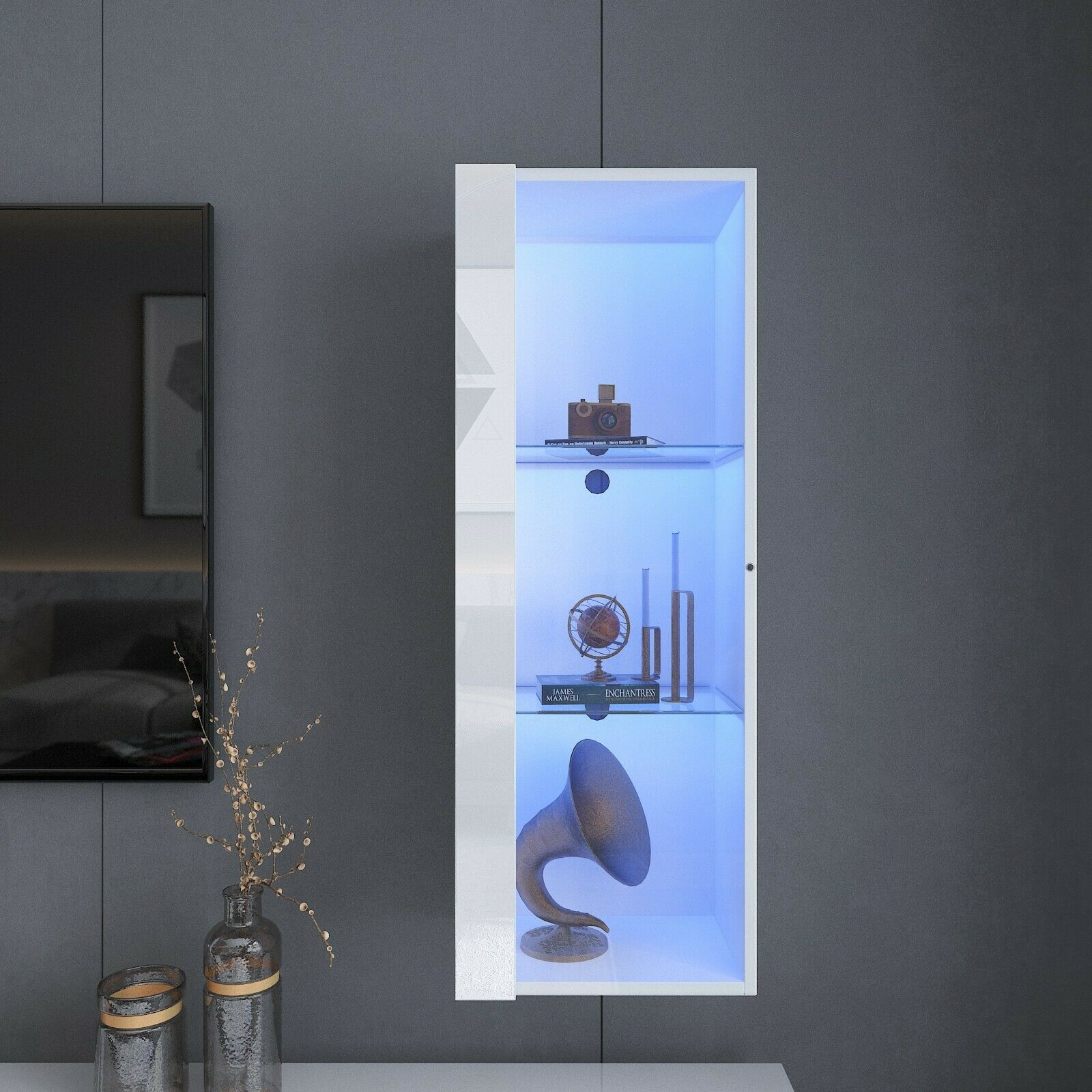 Floating Led Display Modern High Gloss & Matt Floating Display Cabinet Wall Shelf Unit LED ...
