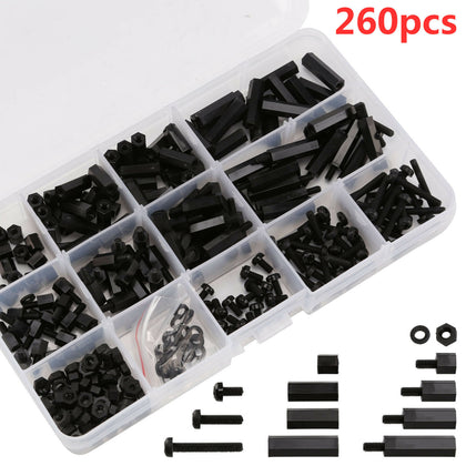 260pcs M3 Spacer Nylon Black Hex Screw Nut Standoff PCB Assortment Box Kit