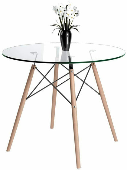 Round Dining Table, Scandinavian Glass Top Kitchen Table with Solid Beech Legs