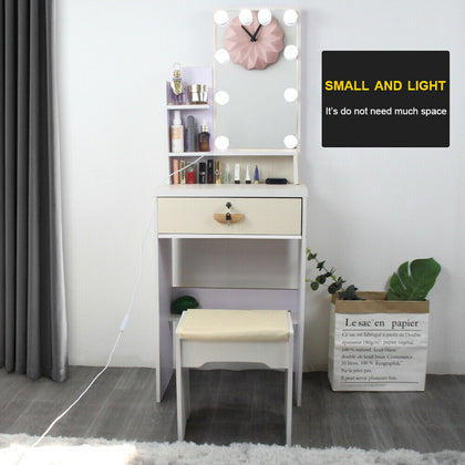 Small Dressing Table w/ 10 LED Light Mirror Dresser Bedroom Makeup Desk & Stool