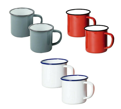 2 x Falcon Enamel Mugs Cups Tin Metal Camping Outdoor Tea Coffee White Red Grey