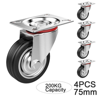 4 Castor Wheels + Screws 75mm 200KG Rubber Trolley Furniture Caster Garage Table