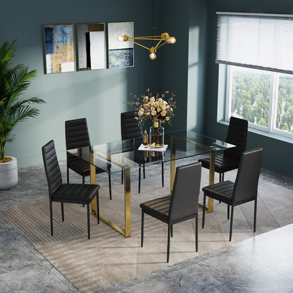 Kitchen Furniture Set Large Tempered Glass Dining Table with Faux Leather Chairs