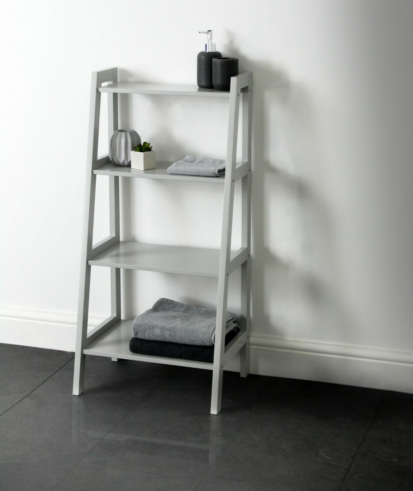 Grey White 4 Tier Ladder Style Storage Shelving Unit Bathroom Living Home House