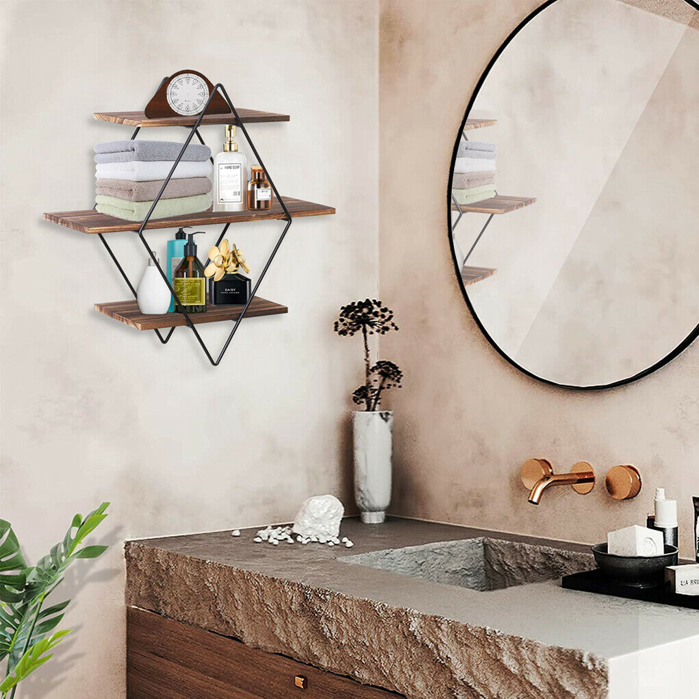 3 Tiers Diamond Floating Shelf Wall Mounted Storage Shelving Vintage Wooden Rack