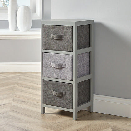 Grey Wooden Storage Unit 3 Drawer Fabric Basket Chest Organiser Bedroom Hallway
