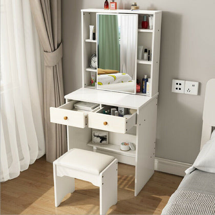 Modern Dressing Table Makeup Desk w/2 Drawer&Sliding Mirror Stool White Bedroom