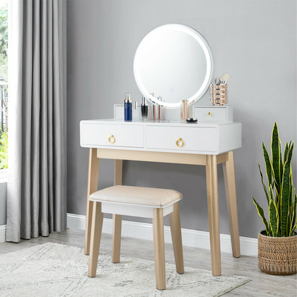 Modern Makeup Table Set Vanity Dressing Table W/ Stool LED Mirror & 4 Drawers